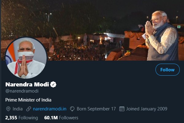 Prime minister modi's twitter followers rise upto 60 million followers